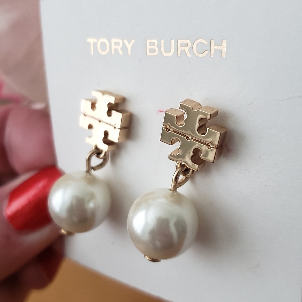 Tory Burch Logo Drop Pearl Earrings